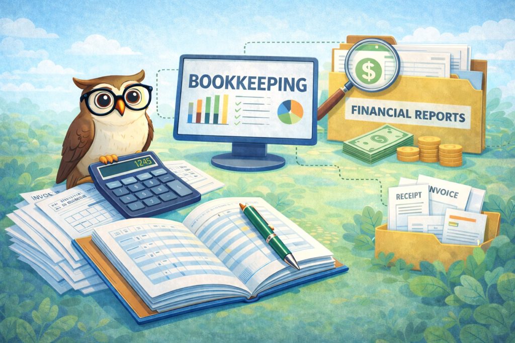 Small business bookkeeping illustration with invoices, receipts, financial reports, and calculator used for monthly bookkeeping and accounting.