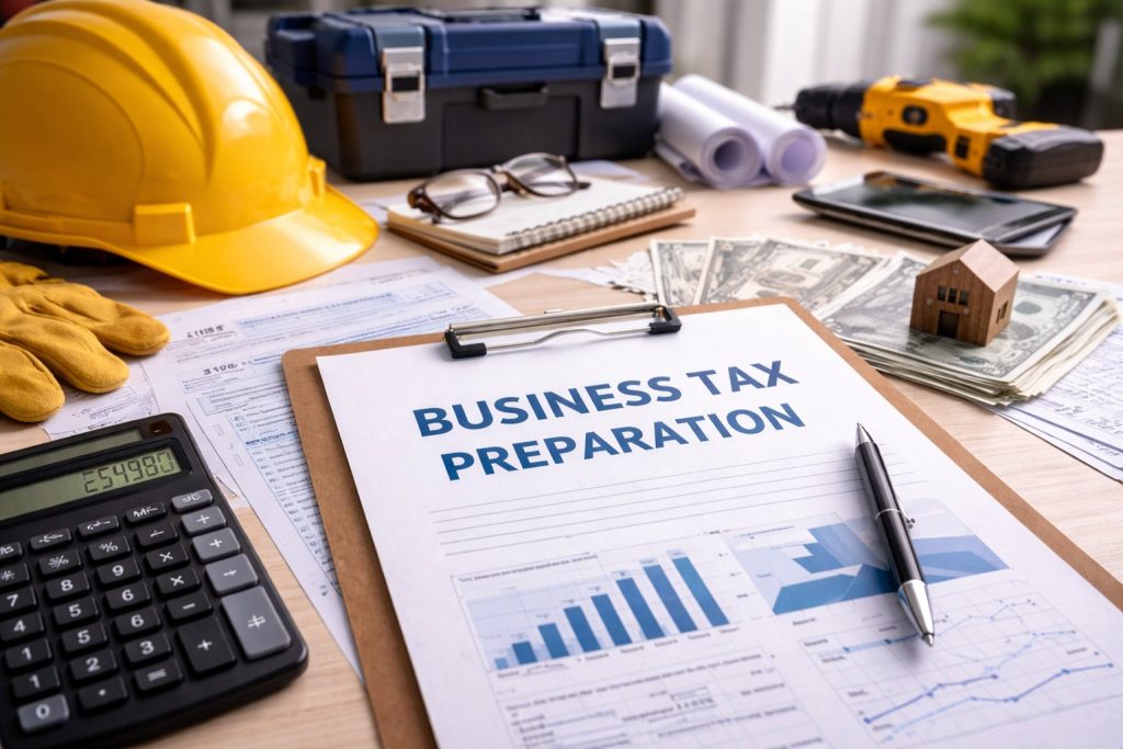 Small business contractor reviewing financial records and tax documents for business tax preparation.