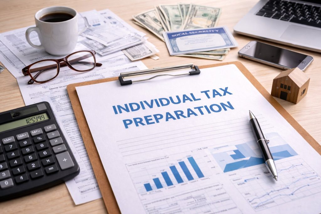 Individual tax preparation documents and IRS forms used for filing personal income taxes.