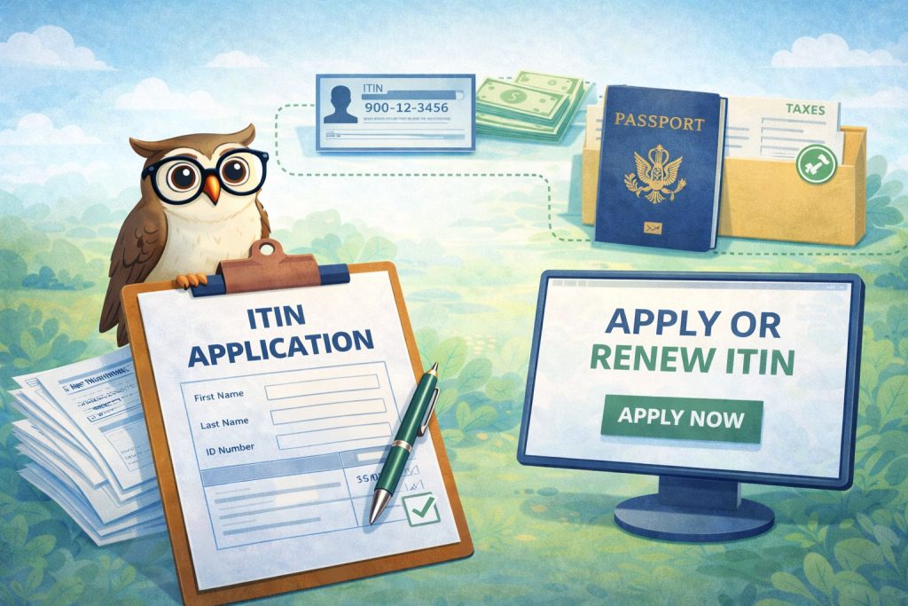 ITIN application and renewal illustration with passport, tax forms, and documents used for obtaining an Individual Taxpayer Identification Number.