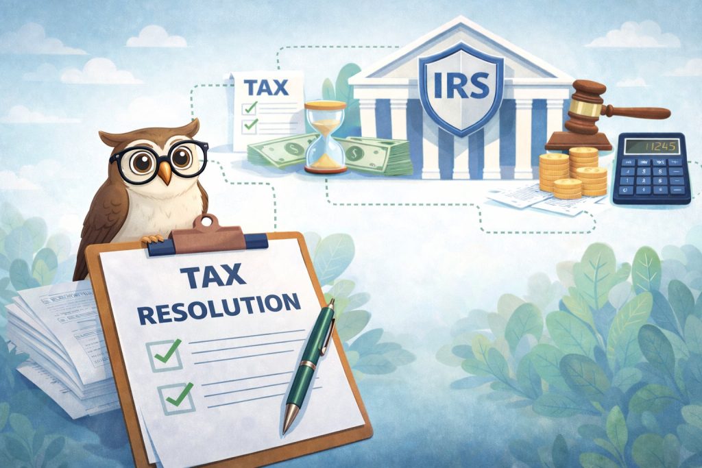 Tax resolution illustration showing IRS building, tax documents, and owl symbol representing professional IRS tax help.